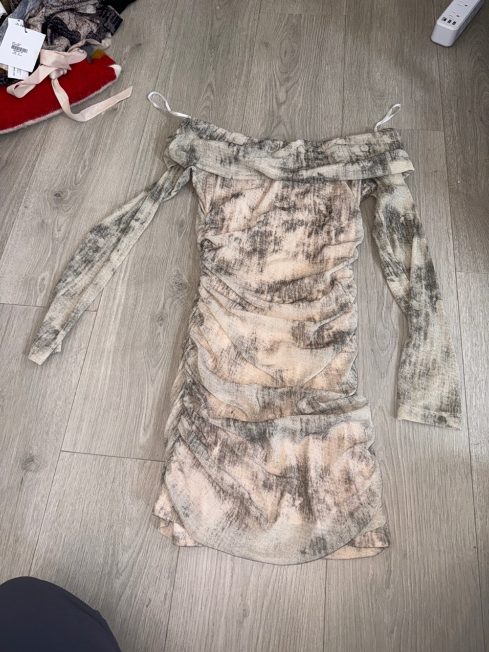 Princess Polly Beige and Gray Off-Shoulder Ruched Mini Dress